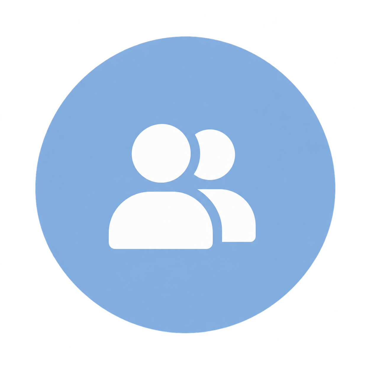 Icon of two overlapping white user silhouettes on a blue circular background.