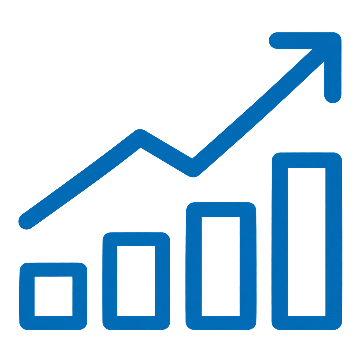 A blue bar graph with increasing heights from left to right and an upward arrow overlayed, representing growth or progress.