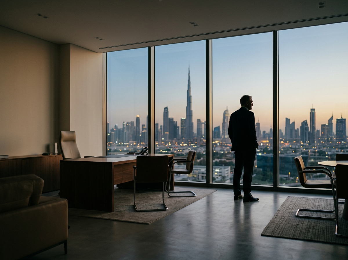 Man in suit stands in an office with large floor-to-ceiling windows, overlooking the Dubai skyline at sunset.