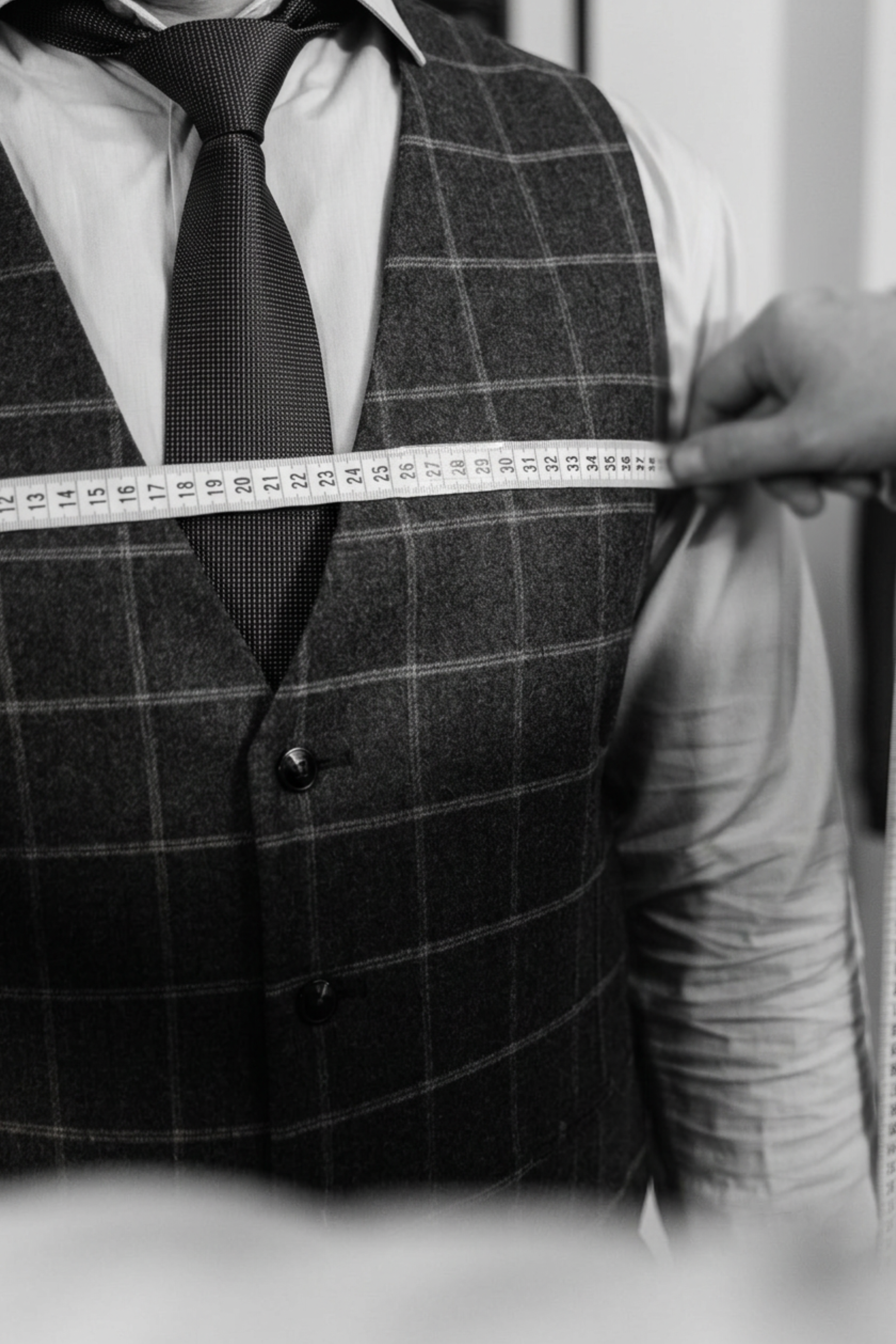 Man in a chequered suit vest, white shirt, and black tie being measured by his tailor.