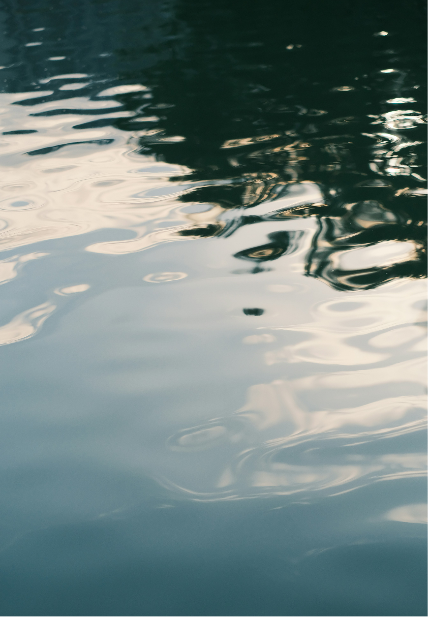 Calm water with gentle ripples and reflections of the sky and surroundings.