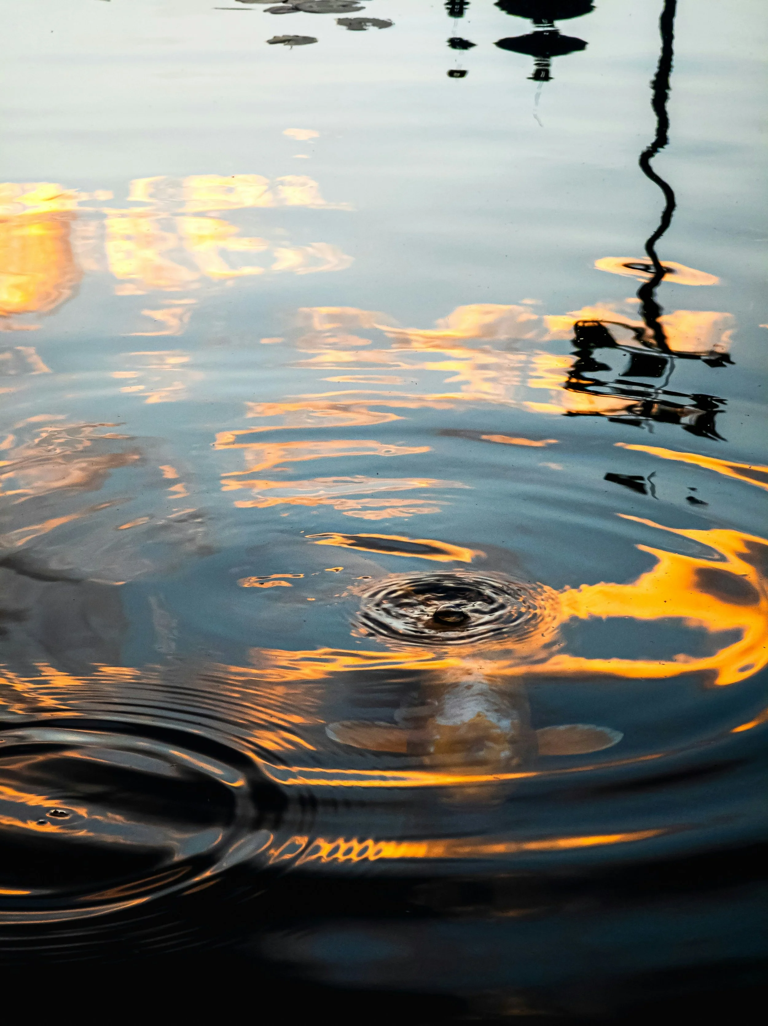 Reflection of a lamp post and clouds in the water with a ripple near the bottom