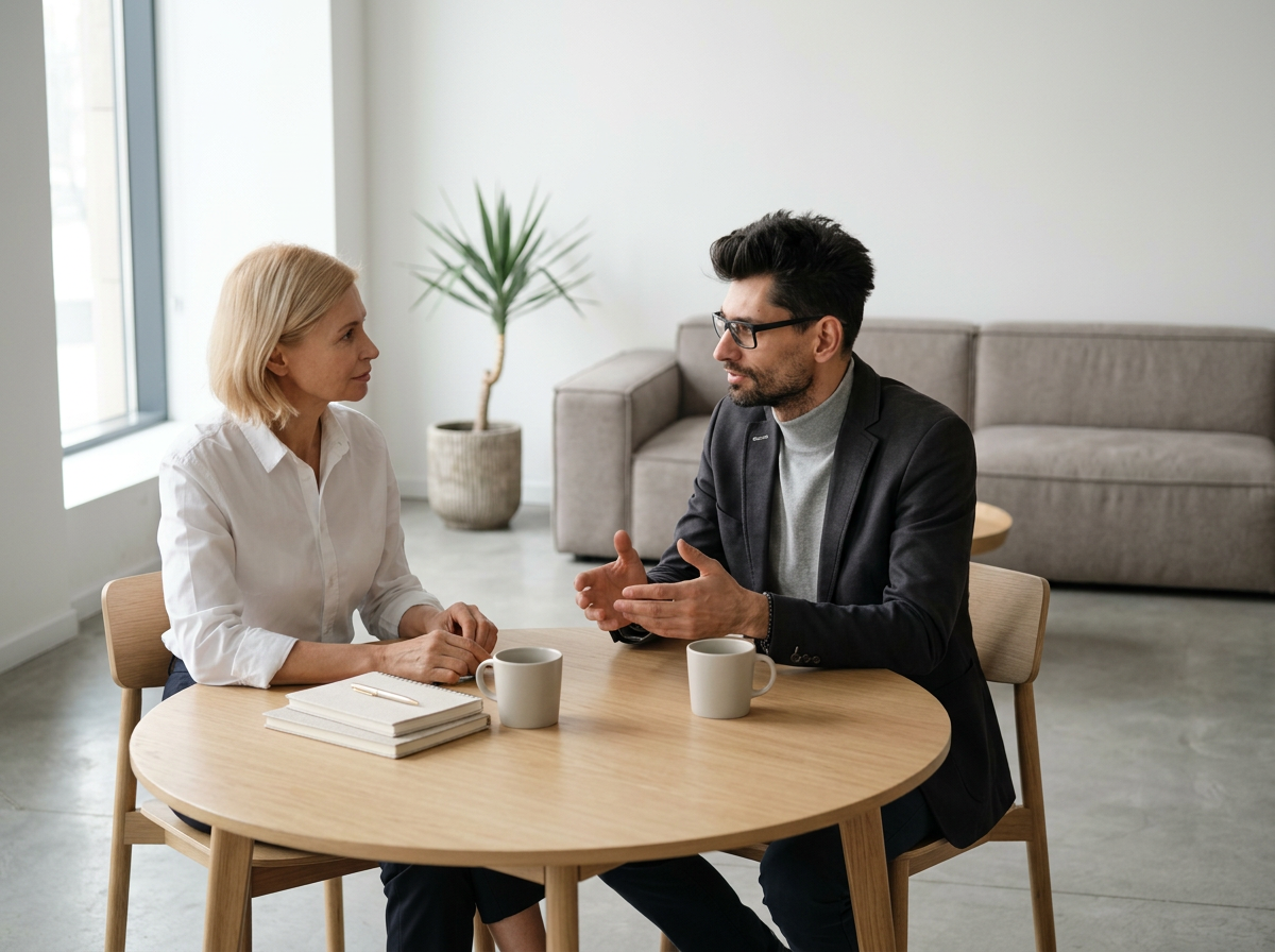 Two people, a woman and a man, sit across from each other at a round wooden table, engaged in a conversation. The woman has blonde hair and wears a white blouse, while the man has dark hair, glasses, and wears a dark blazer. There are two coffee mugs and a notebook with a pen on the table.