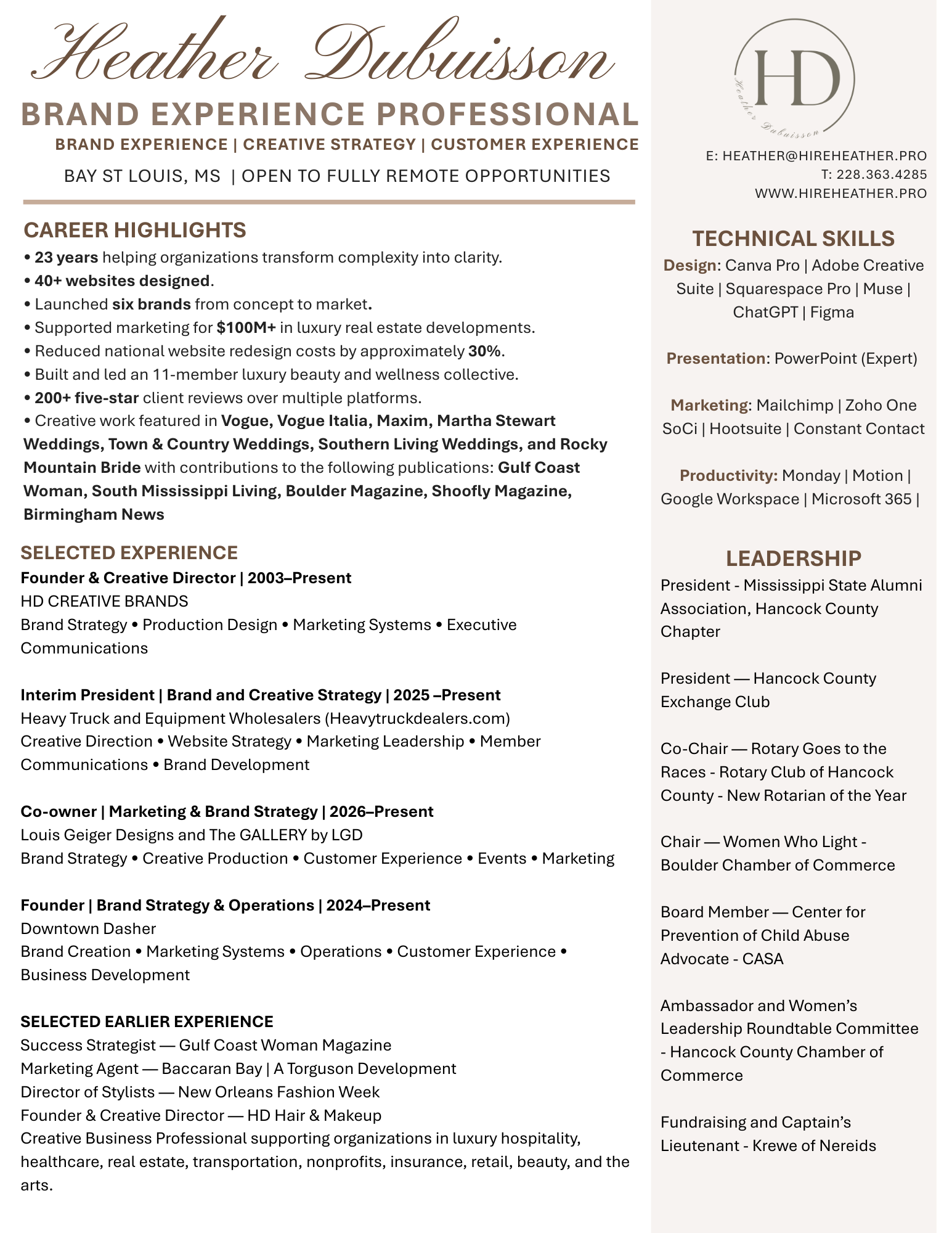 A professional resume or CV belonging to Heather Dubuisson, featuring her contact information, skills, career highlights, selected experience, leadership roles, and additional accomplishments.
