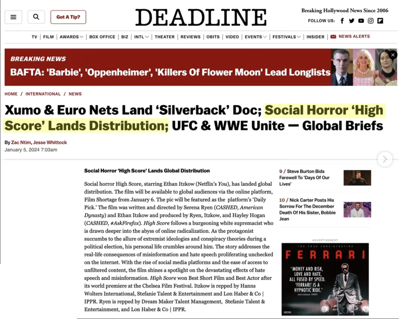 Screenshot of the homepage of the Deadline website, a Hollywood news outlet, showing headlines about social horror film 'High Score' landing distribution and other entertainment news.
