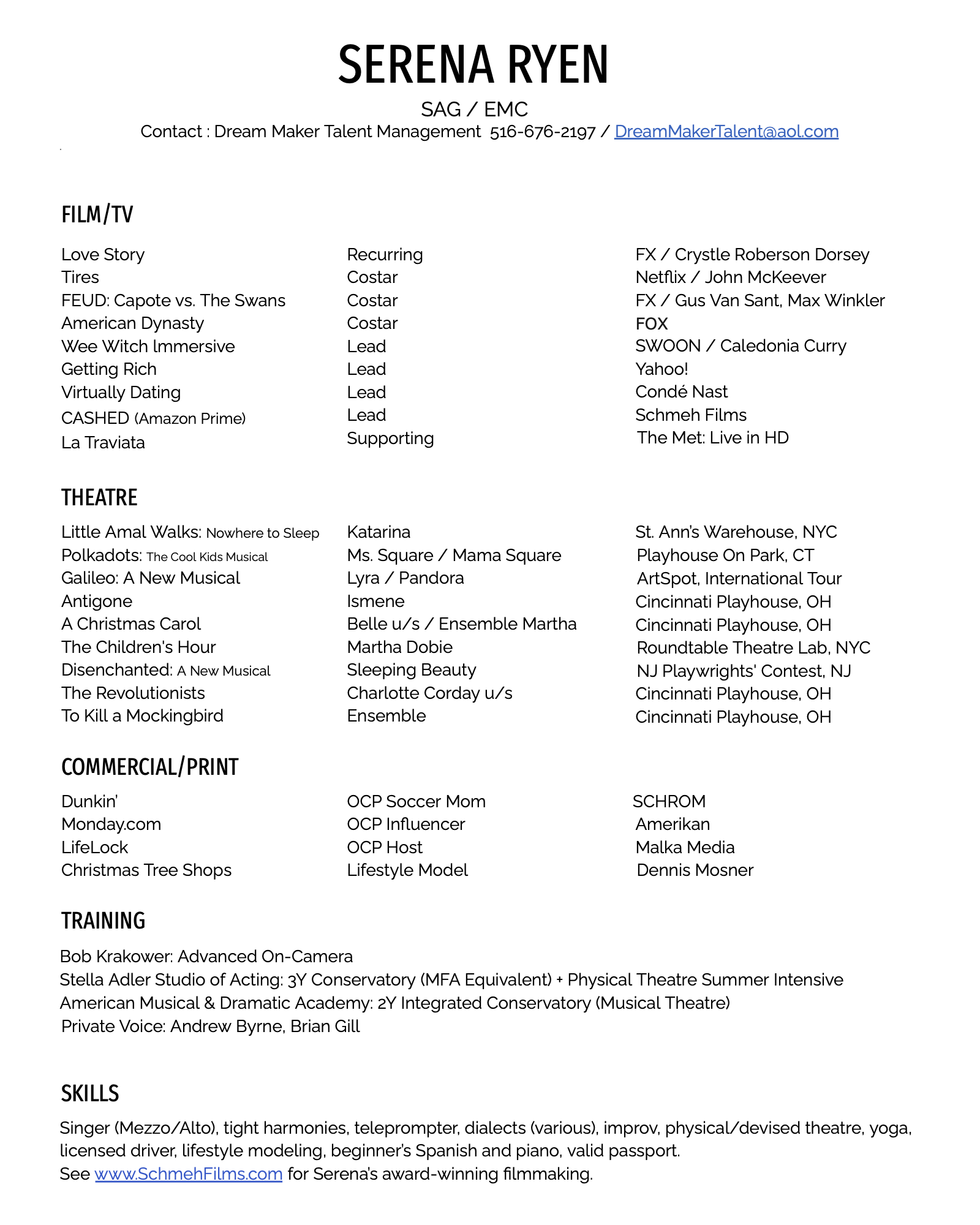 A resume or curriculum vitae document for Serena Ryen, listing her contact information, film and TV roles, theatre performances, training, and skills in black text on a white background.
