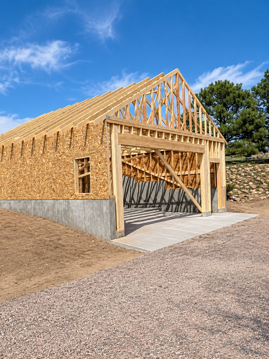 Construction site with a wooden frame of a house under building, showing roof trusses and wall framing, on a concrete foundation, against a blue sky with some clouds.
