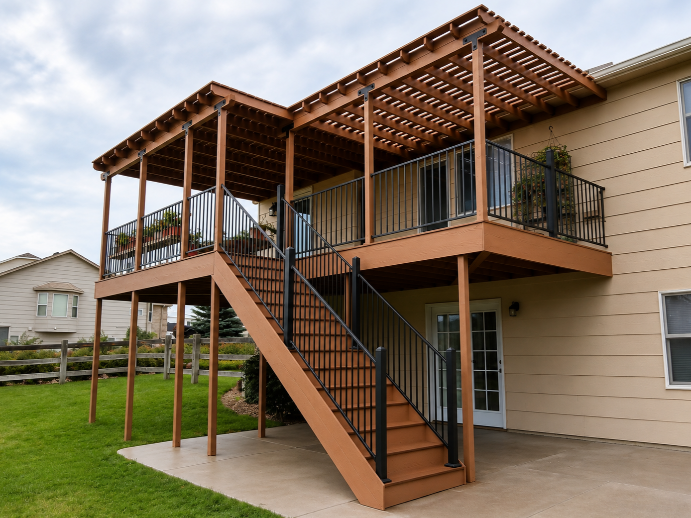 Newly built two-story wooden deck with black metal railings and stairs attached to beige house with sliding glass door and potted plants