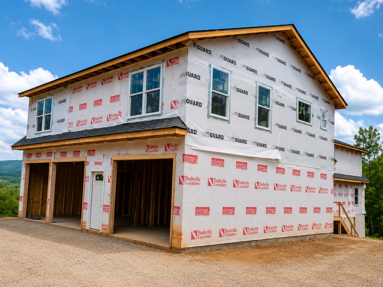 A two-story house under construction with white building wrap, three garage bays, and four windows on the upper floor, set against a partly cloudy sky.
