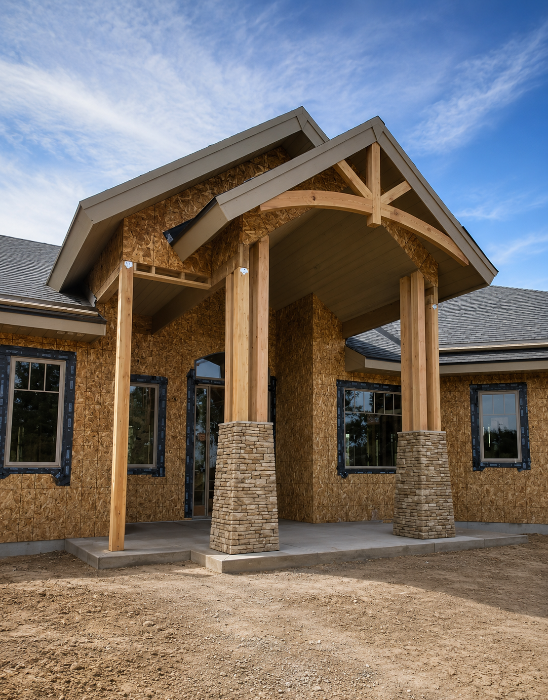 A house under construction with a wooden porch, stone pillars, and framing for the roof, with a blue sky background.