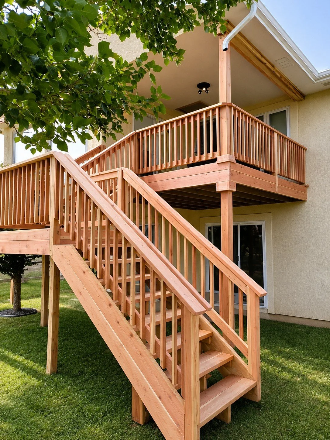 Newly built wooden outdoor staircase leading to a second-story balcony of a house with beige exterior walls and windows, surrounded by green grass and trees.