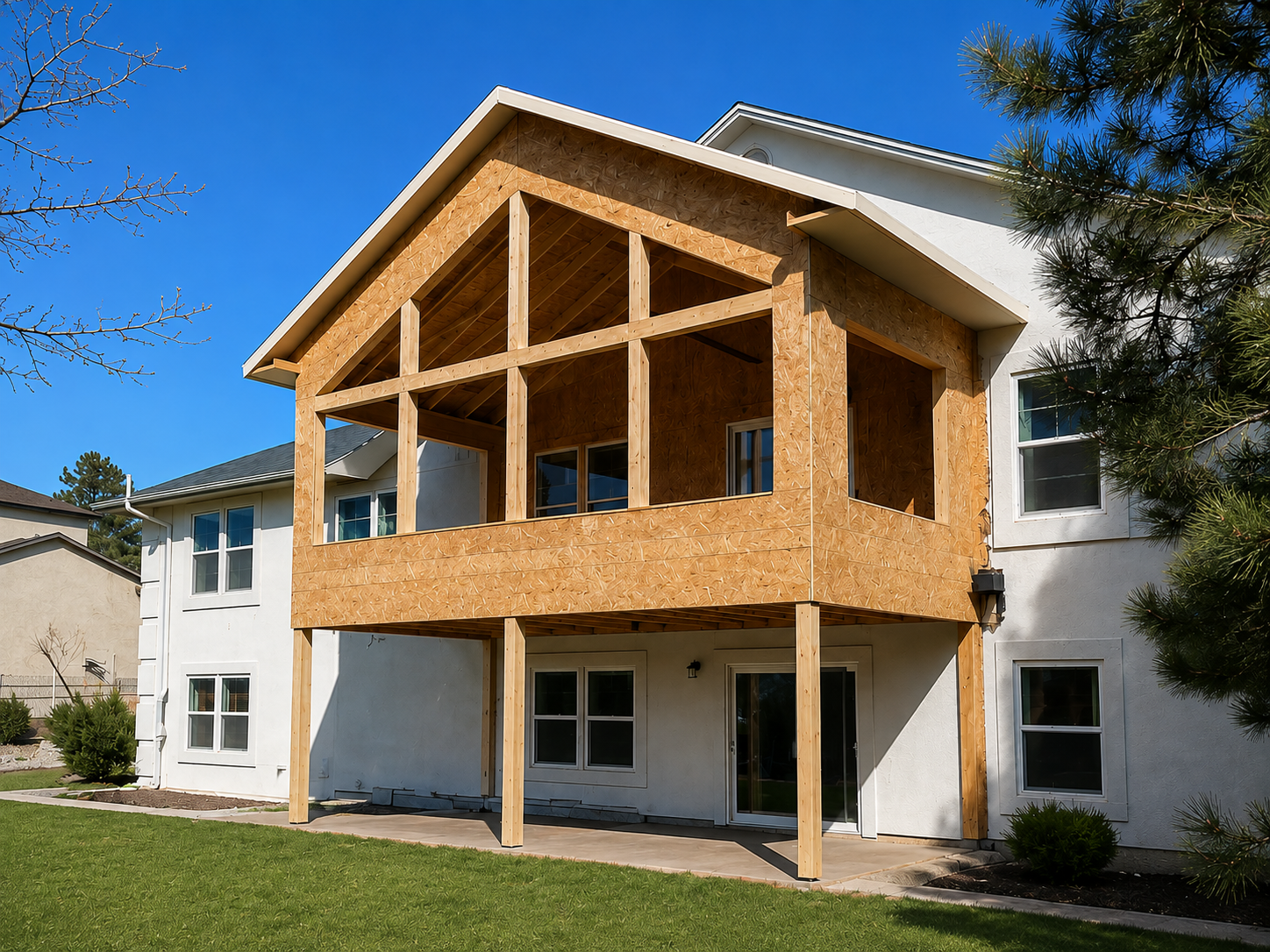 Two-story house with a white exterior, wooden balcony under construction on the second floor, supported by wooden beams, and a lawn with trees and shrubs.