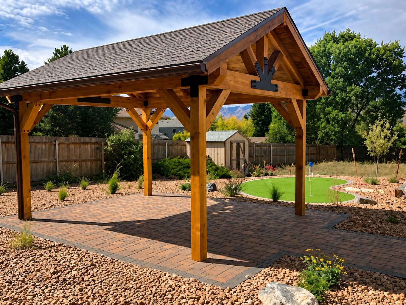 A backyard with a wooden pavilion, landscaped garden, and a small putting green.