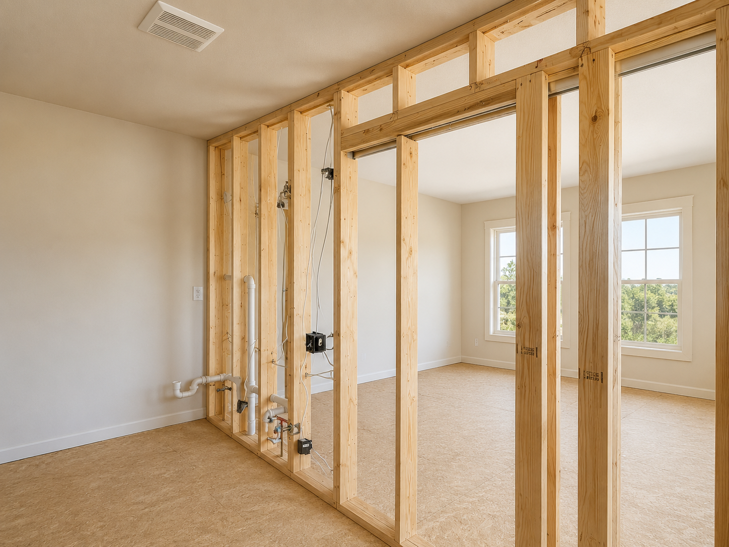Interior of a room under construction with exposed wooden wall studs, plumbing, and electrical wiring, large windows with a view of trees outside, and beige flooring.