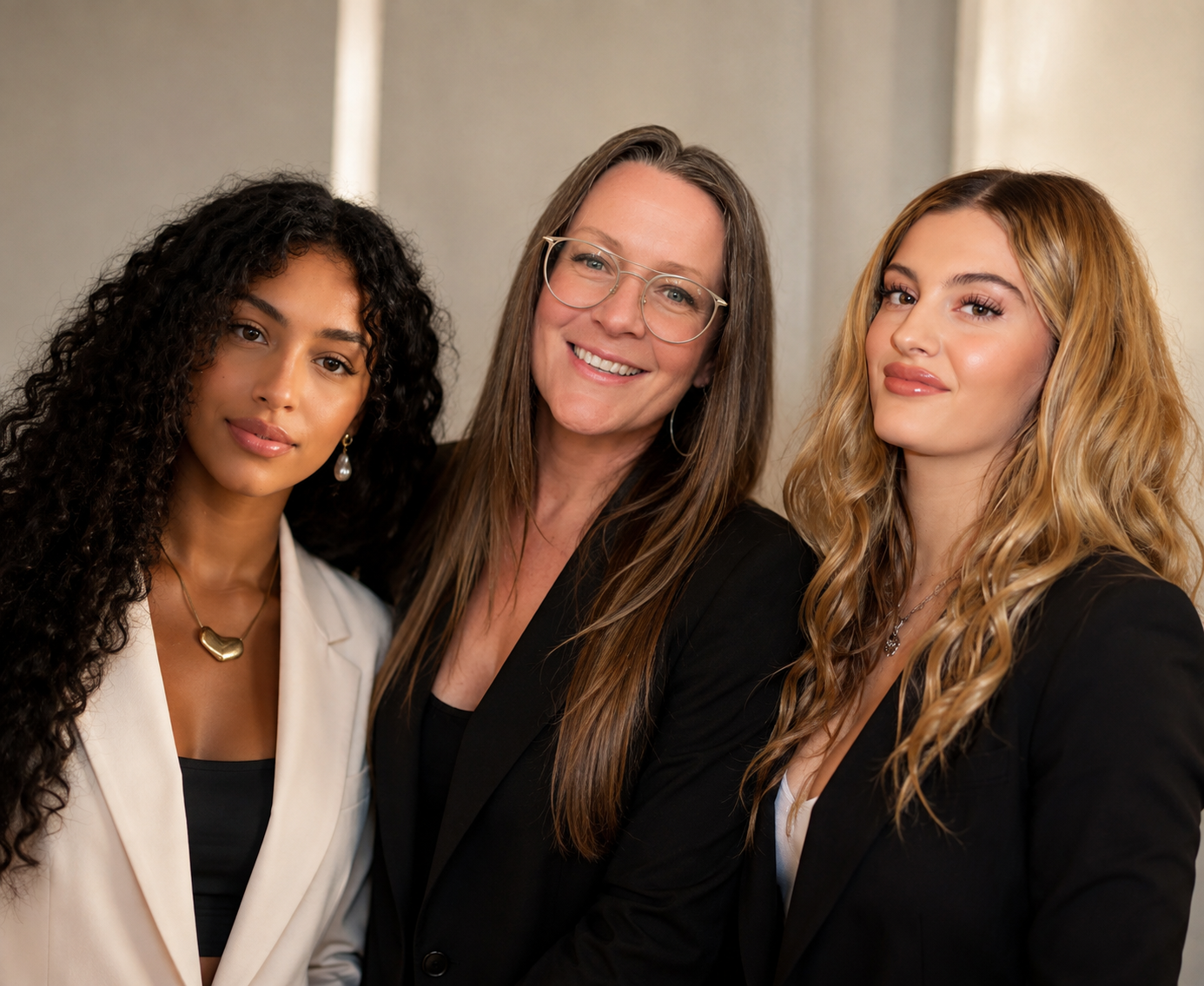 Three women standing close together, smiling, dressed in professional attire in an indoor setting.