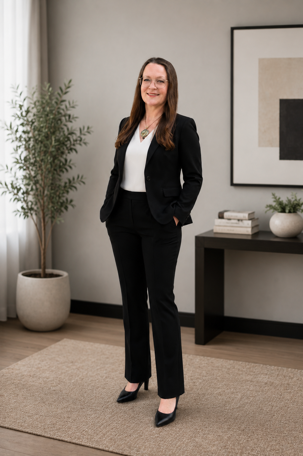 A woman in a black suit standing in an office, smiling, with a potted plant and framed art on the wall behind her.