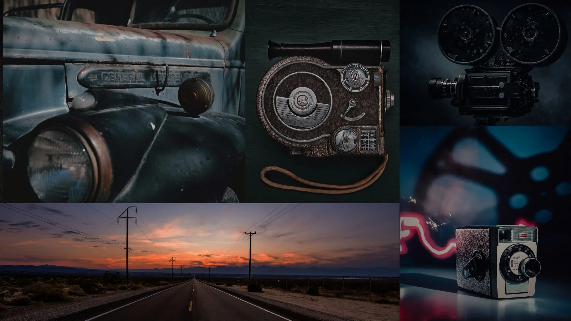 A collage of vintage items including a rusty old truck, an antique camera, a vintage movie projector, a sunset over a deserted road with power lines, and a modern vintage-style camera in neon light.