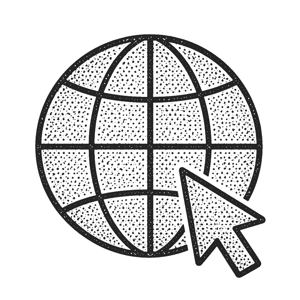 Icon of a globe with a cursor arrow pointing at it, representing internet or web access.