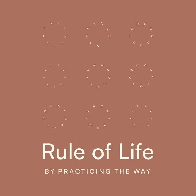 Graphic with nine circular patterns made of short lines, arranged in three rows. The text reads "Rule of Life by Practicing the Way" on a brown background.