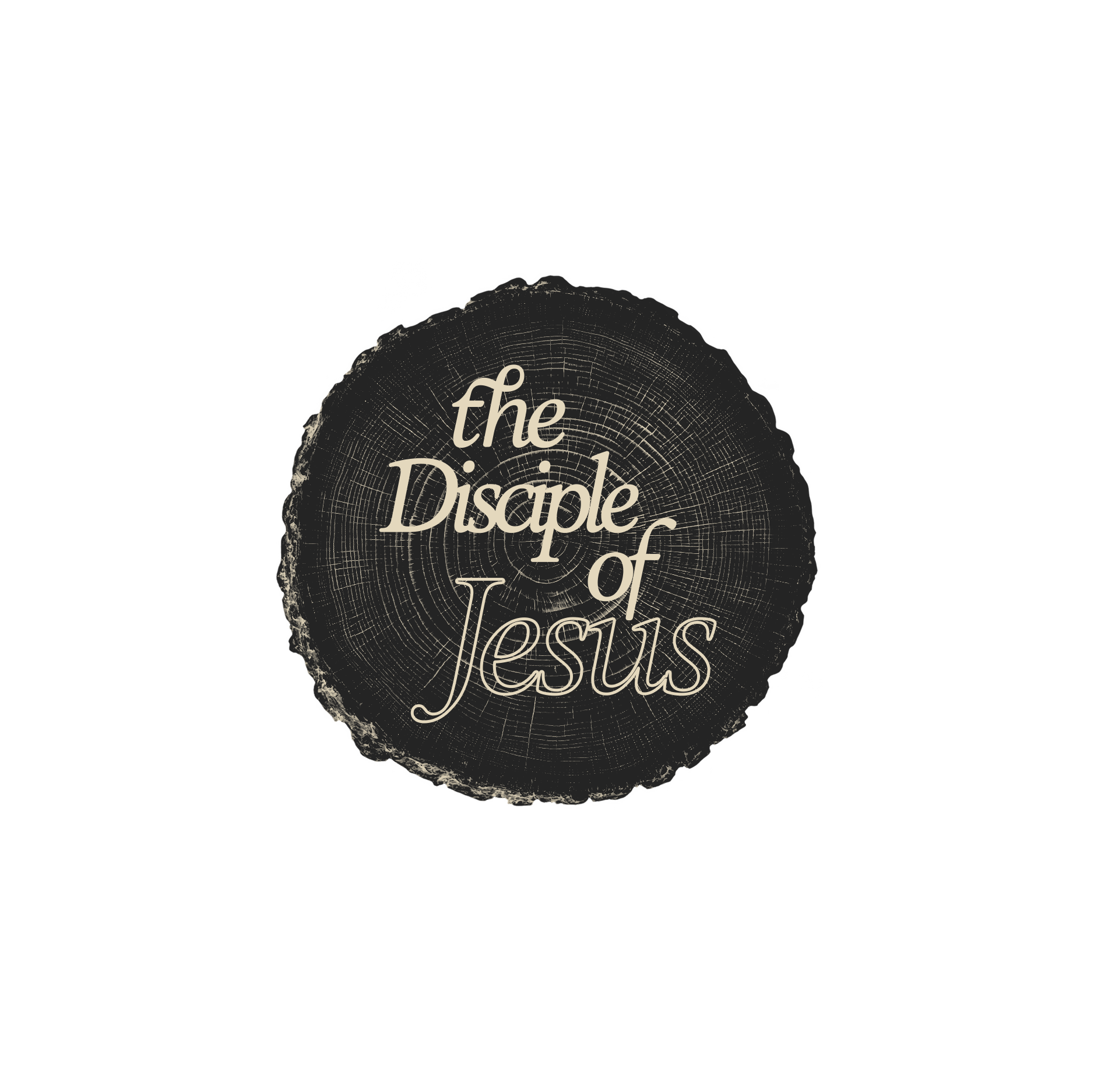 Text overlay on a dark background reading "the Disciples of Jesus" with a cross between the words "Disciples" and "Jesus", overlaid on a circular cross-section of a tree trunk showing growth rings.