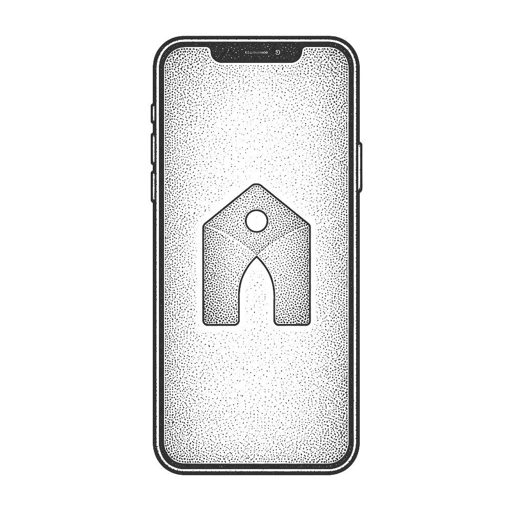 Outline drawing of a smartphone with a geometric shape and a dot on the screen.