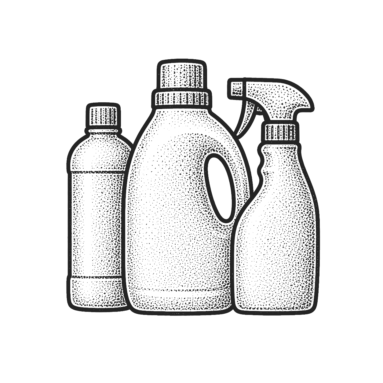Black and white illustration of a spray bottle, a bottle with a label, and a bottle with a handle, all used for cleaning.
