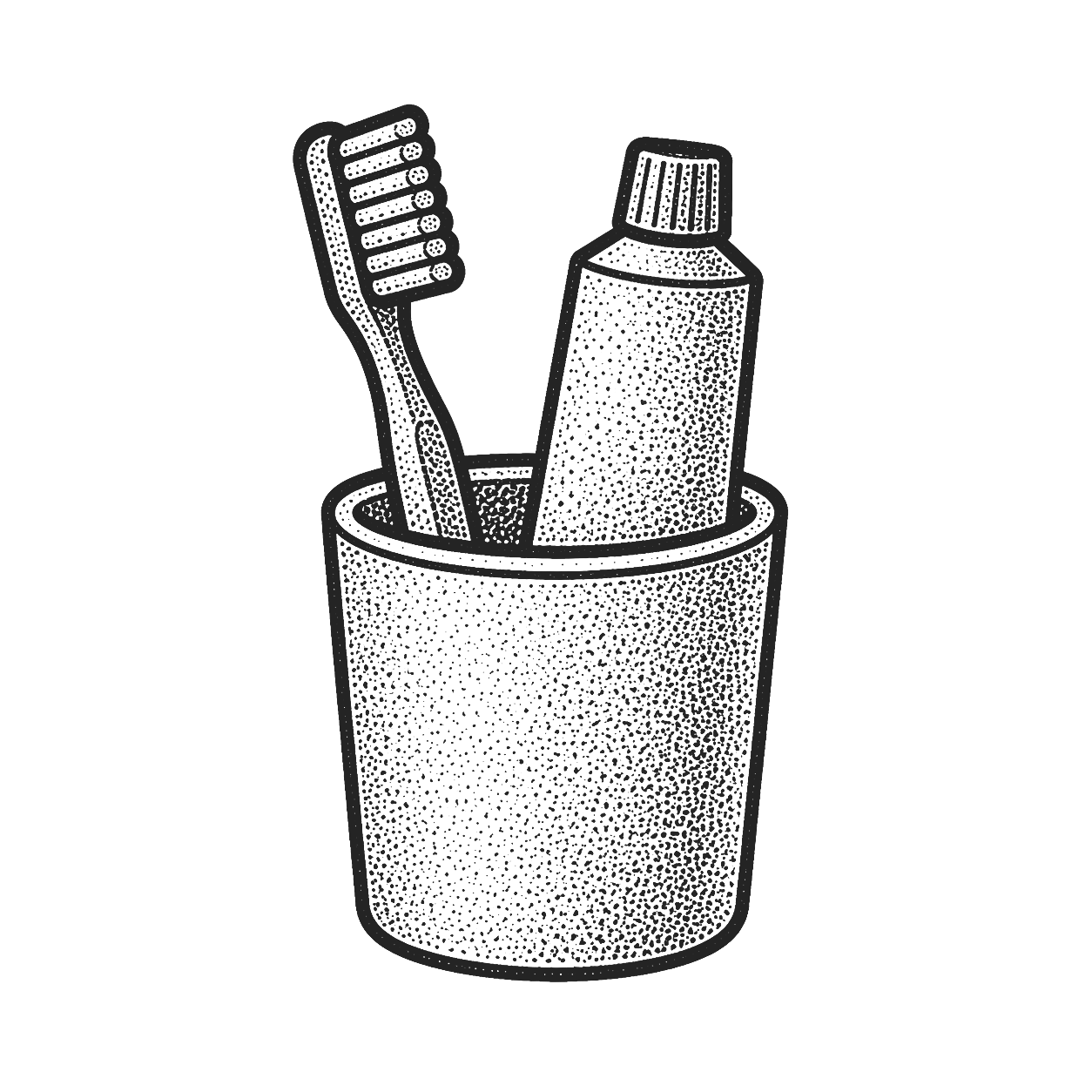 Black and white illustration of a toothbrush and a tube of toothpaste in a cup.
