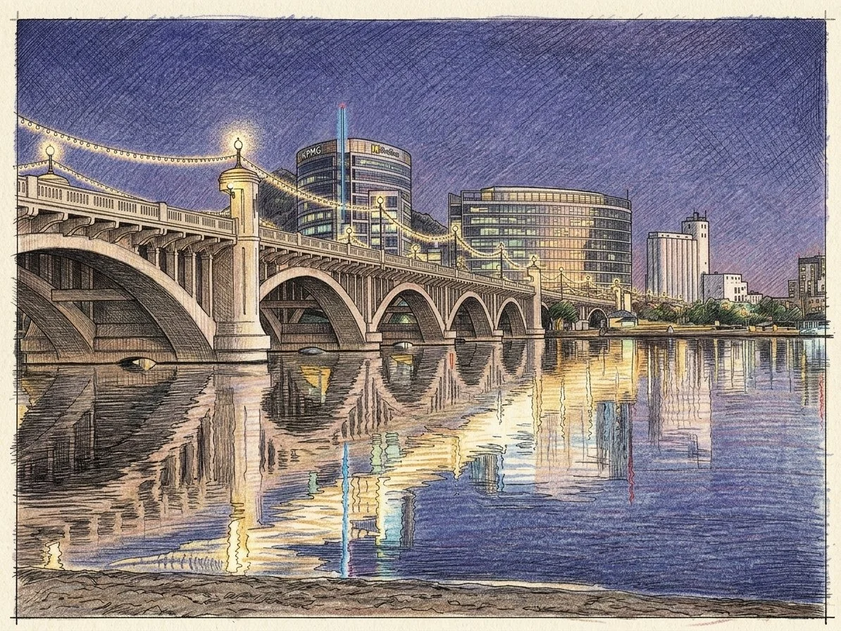 A digital drawing of a cityscape at dusk with a bridge over water, buildings illuminated, and reflections on the water surface.