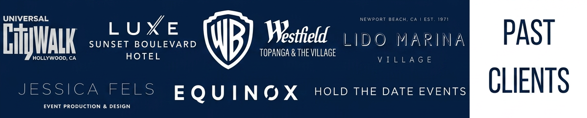 A digital graphic design displaying various logos and names of businesses or brands, including Universal CityWalk Hollywood, Luxe Sunset Boulevard Hotel, Warner Bros., Westfield Topanga & The Village, Lido Marina Village, Jessica Feels event production, Equinox, and the words 'Past Clients'.