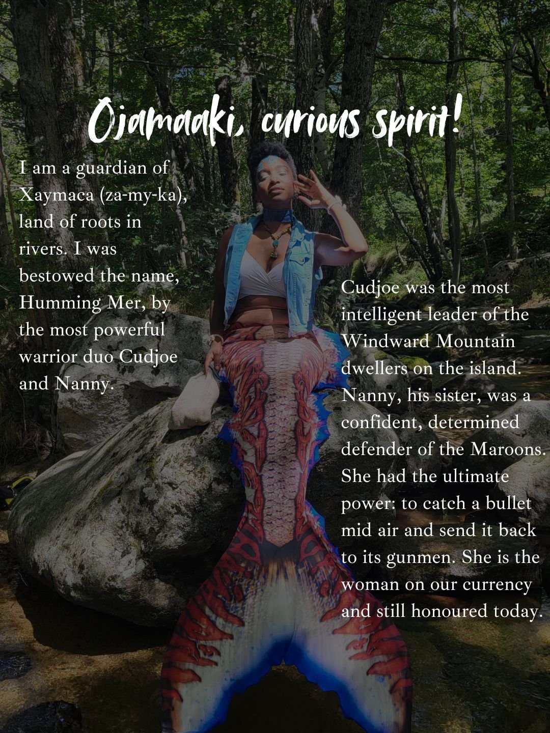 Mermaid Andrina sitting on a rock in a forest with trees and greenery in the background.