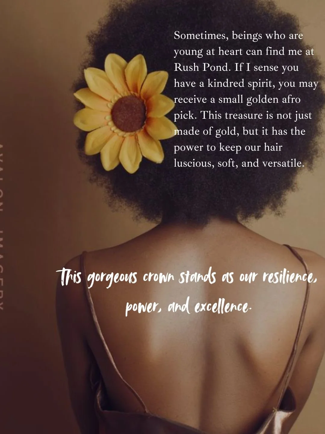 A person with natural curly hair adorned with a sunflower. Overlaid text describes resilience, power, and excellence, with quotes about hair and a sunflower crown.