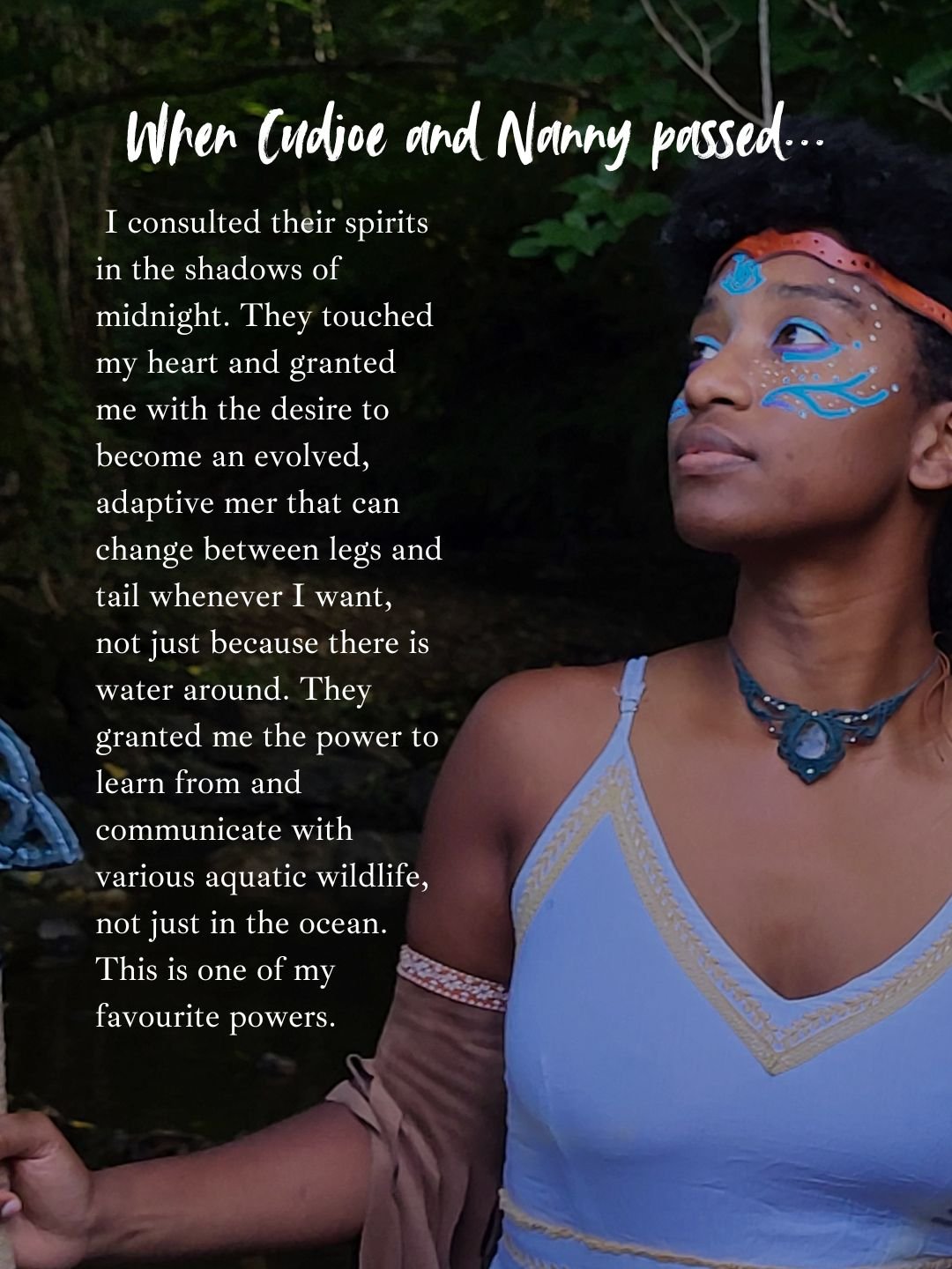Mermaid Warrior Andrina sitting outdoors, with a background of leaves and greenery, accompanied by a heartfelt quote about empowering water-related powers.