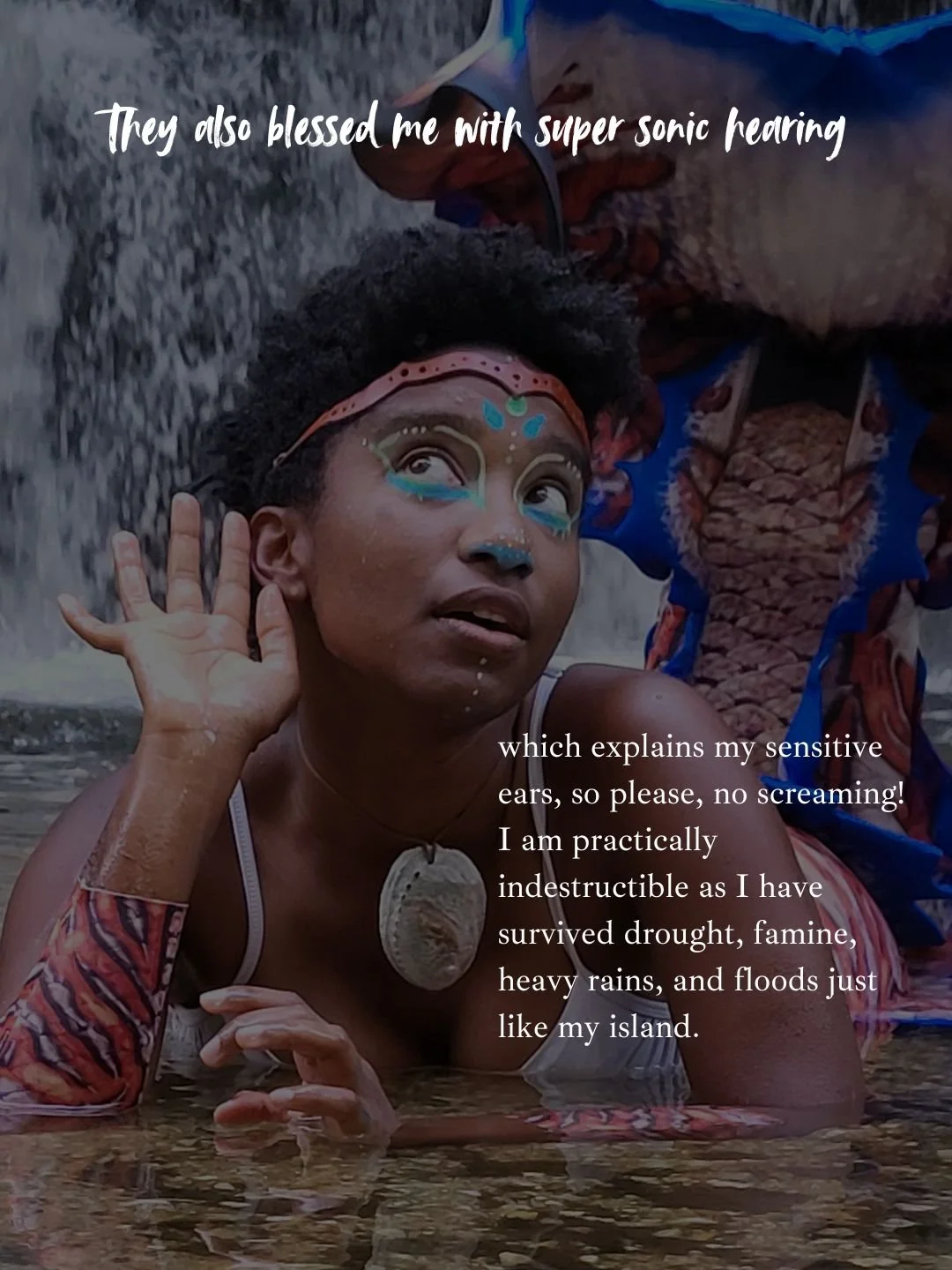 Mermaid Andrina wearing a shell necklace, underwater near a waterfall, with text overlay about surviving droughts and floods.