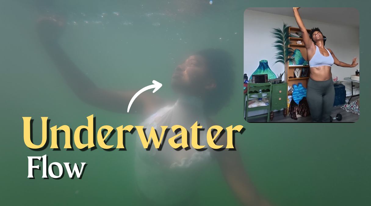 Mermaid Andrina has her eyes closed, raised arm, and flowing hair, alongside a smaller inset image of the same woman standing indoors, raising her arm and wearing athletic clothing.