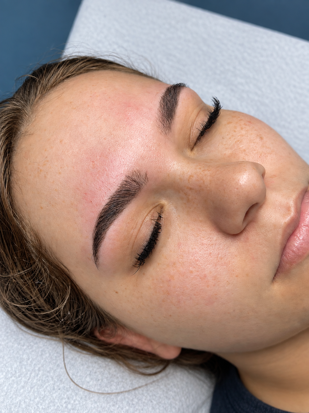 Close-up of a woman's face with eyelash extensions, lying on a treatment table, with smooth skin and natural eyebrows.