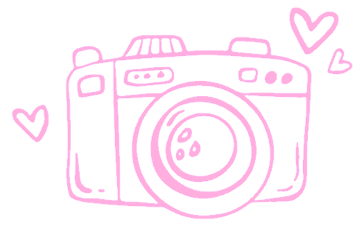 Pink outline drawing of a camera with two hearts on each side.