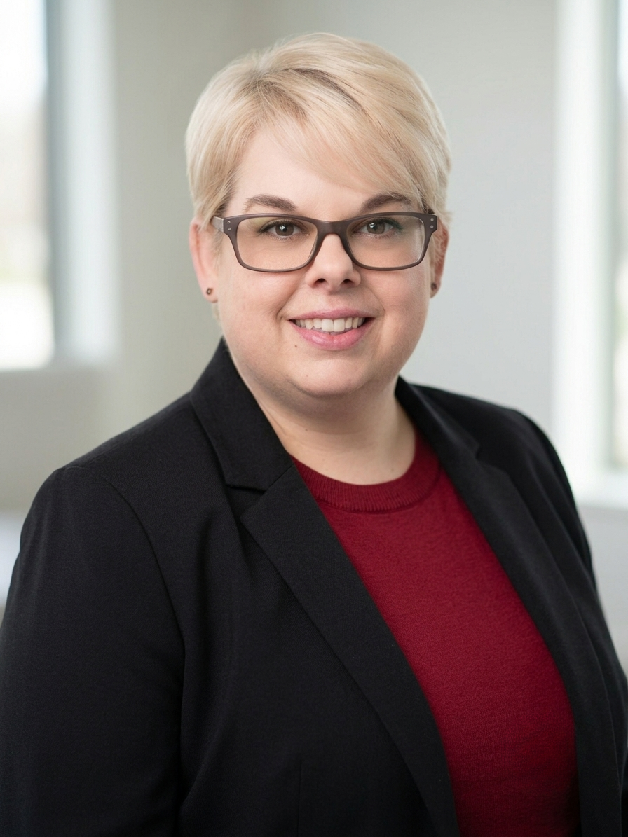 A woman with short blonde hair wearing glasses, a black blazer, and a red shirt, smiling indoors with windows in the background.