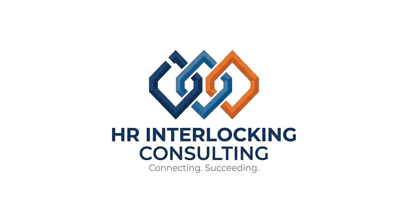 HR Interlocking Consulting logo featuring three interlocked diamond shapes in navy, light blue, and orange with the company name and slogan.