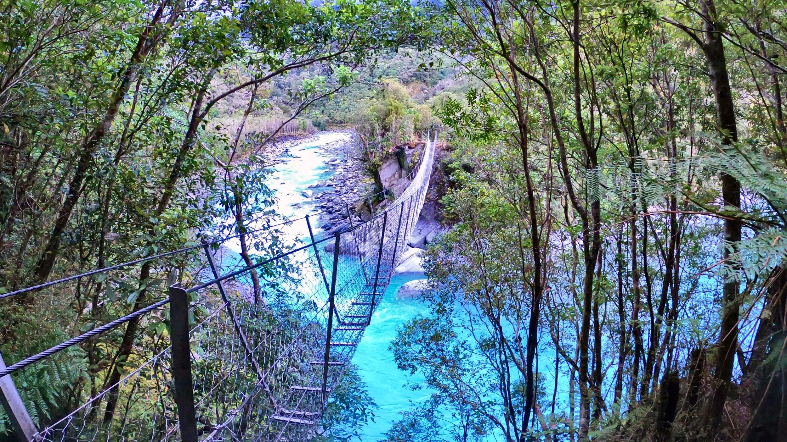 Cesspool Gorge and swing bridge in the Arahura Valley