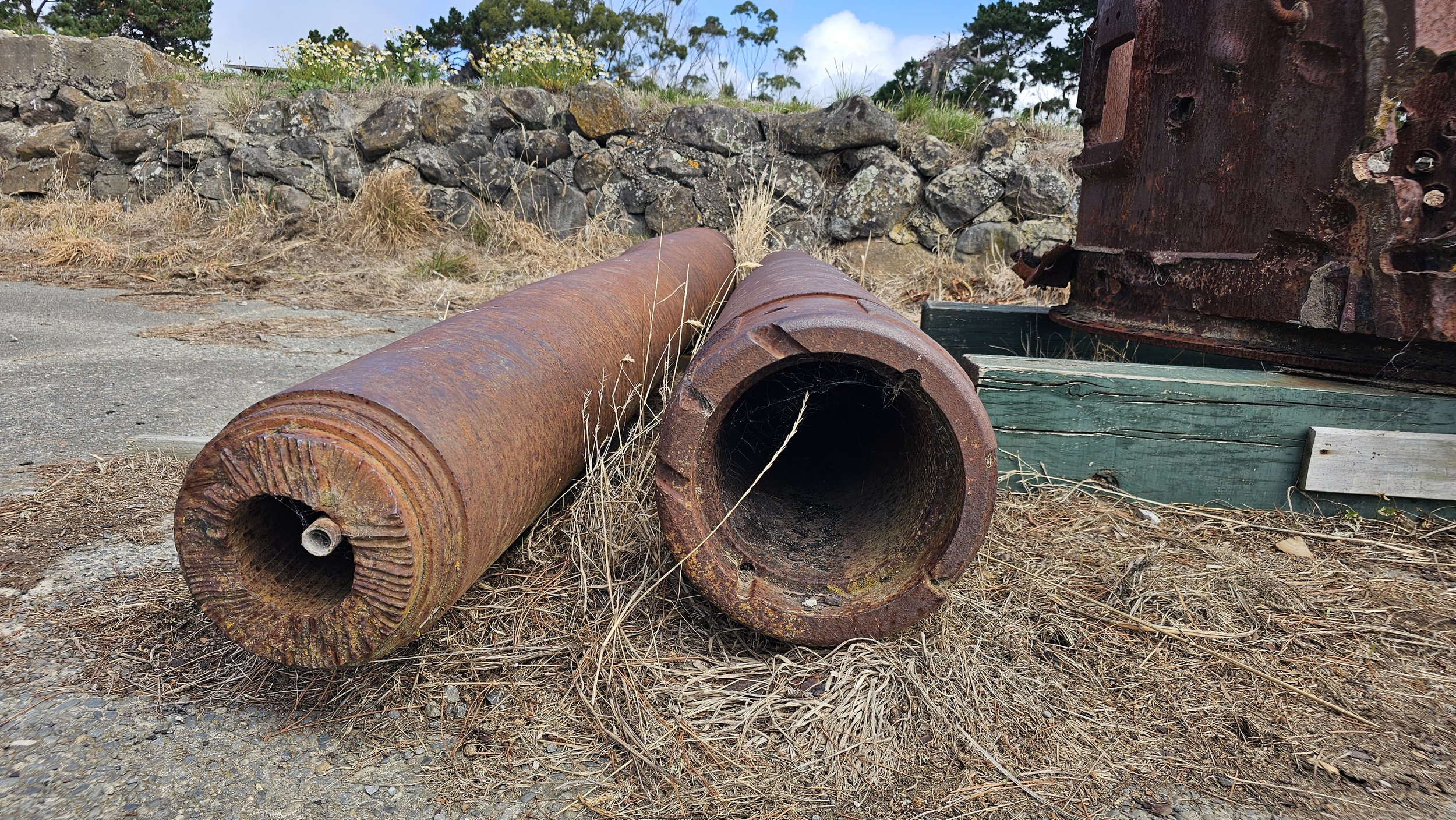 Heavy rusted steel remains at the Godley Head defence site