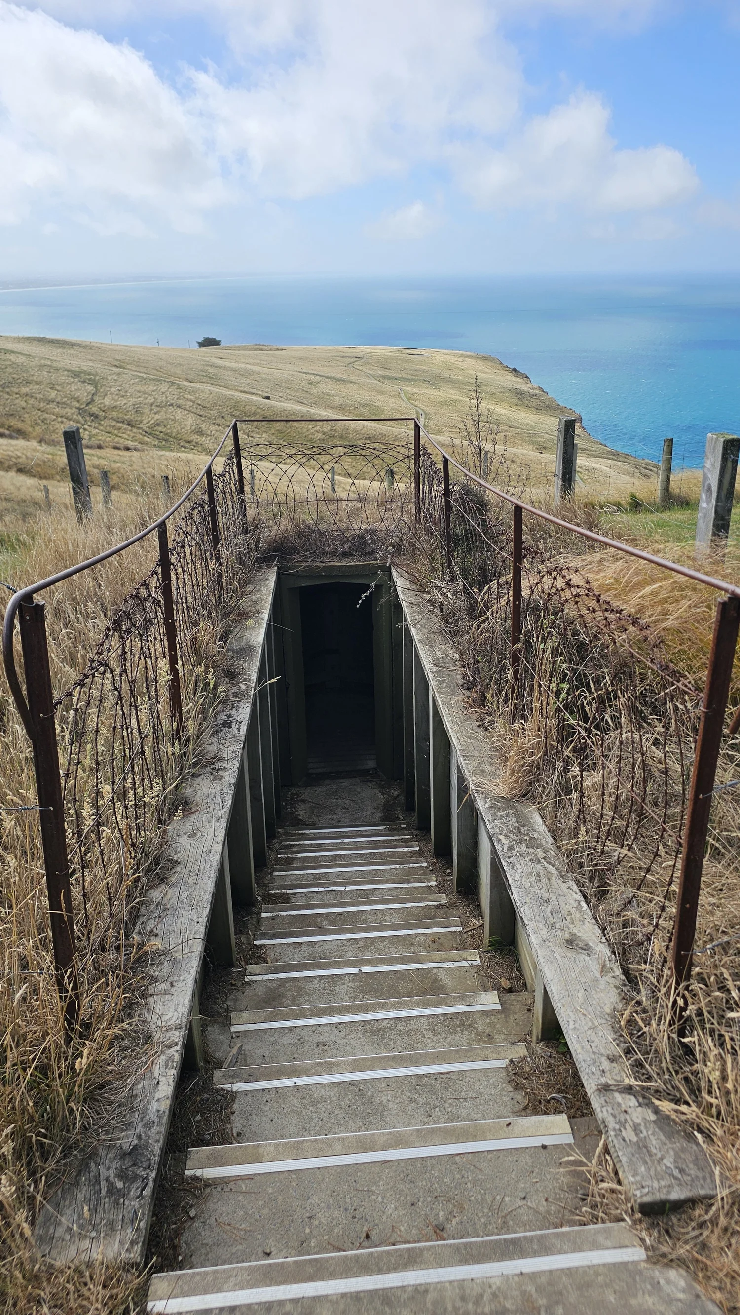 Old defensive position and stairs at Godley Head