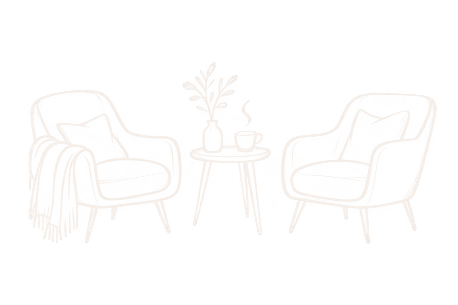 Neon sign depicting a cozy interior scene with two armchairs, a small table with a steaming cup, and a plant in a vase, all outlined in white lights.
