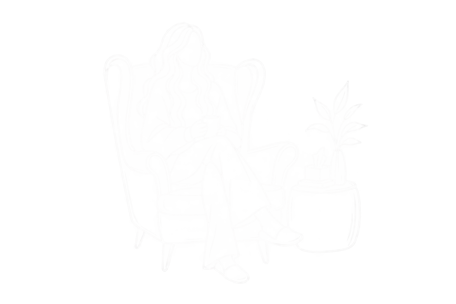 Outline drawing of a woman sitting in an armchair, holding a cup, with a side table and potted plant nearby.