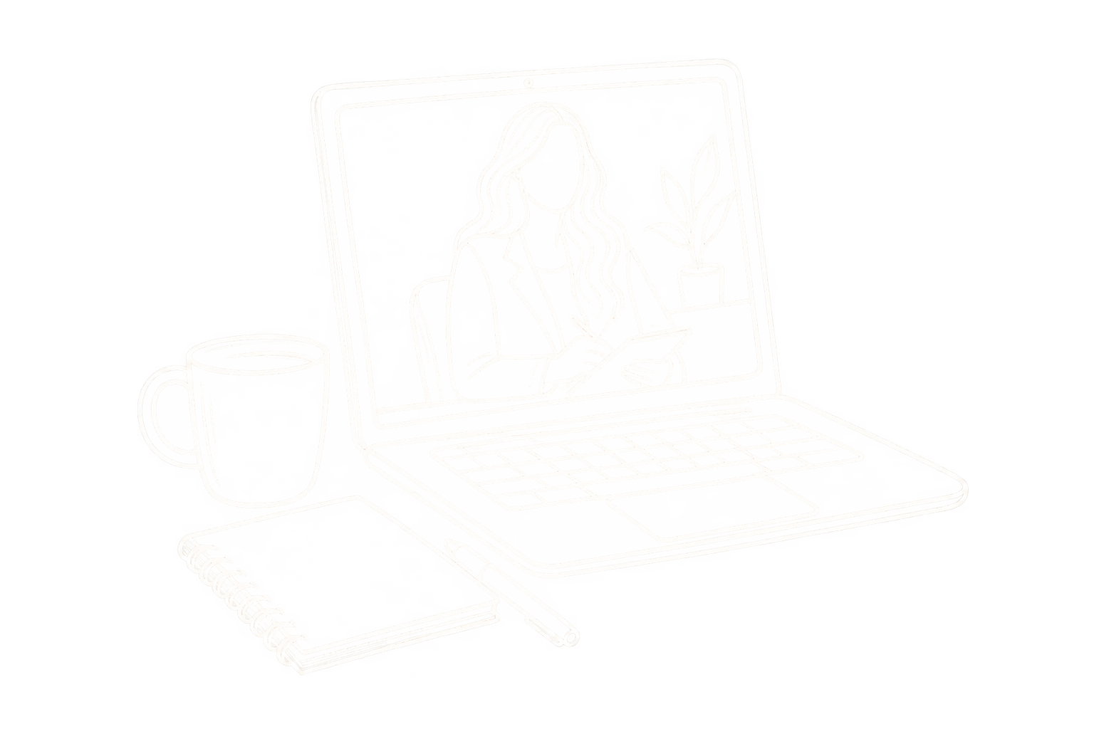 A neon outline of a desk setup with a laptop, a notepad, a pen, a coffee mug, and a potted plant in the background.