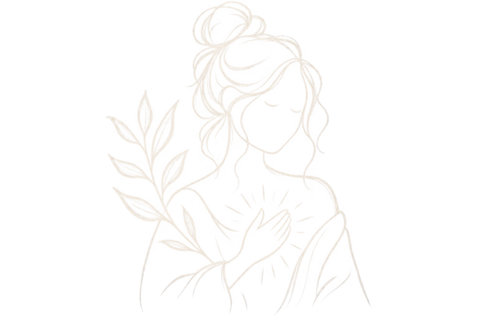 Outline of a woman holding a bouquet of flowers, with long wavy hair and a smiling face, made from glowing white lines.