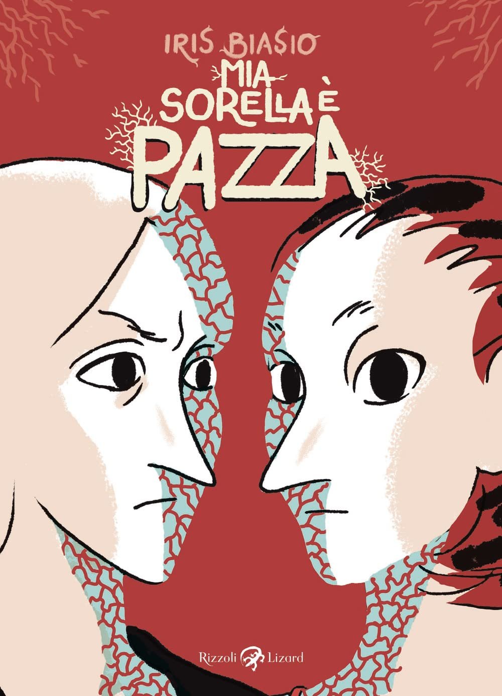Copertina del libro con due facce di bambini che si guardano, con un disegno stilizzato e colori caldi, intitolato "Mia sorella è pazza" di Iris Biasio.