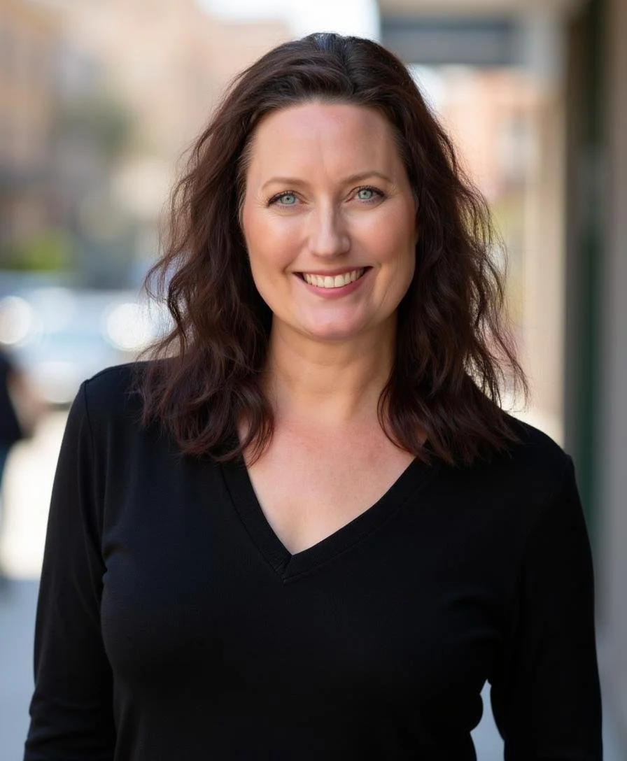 Woman with shoulder-length wavy brown hair and blue eyes, smiling, wearing a black V-neck top, standing outdoors in an urban setting.