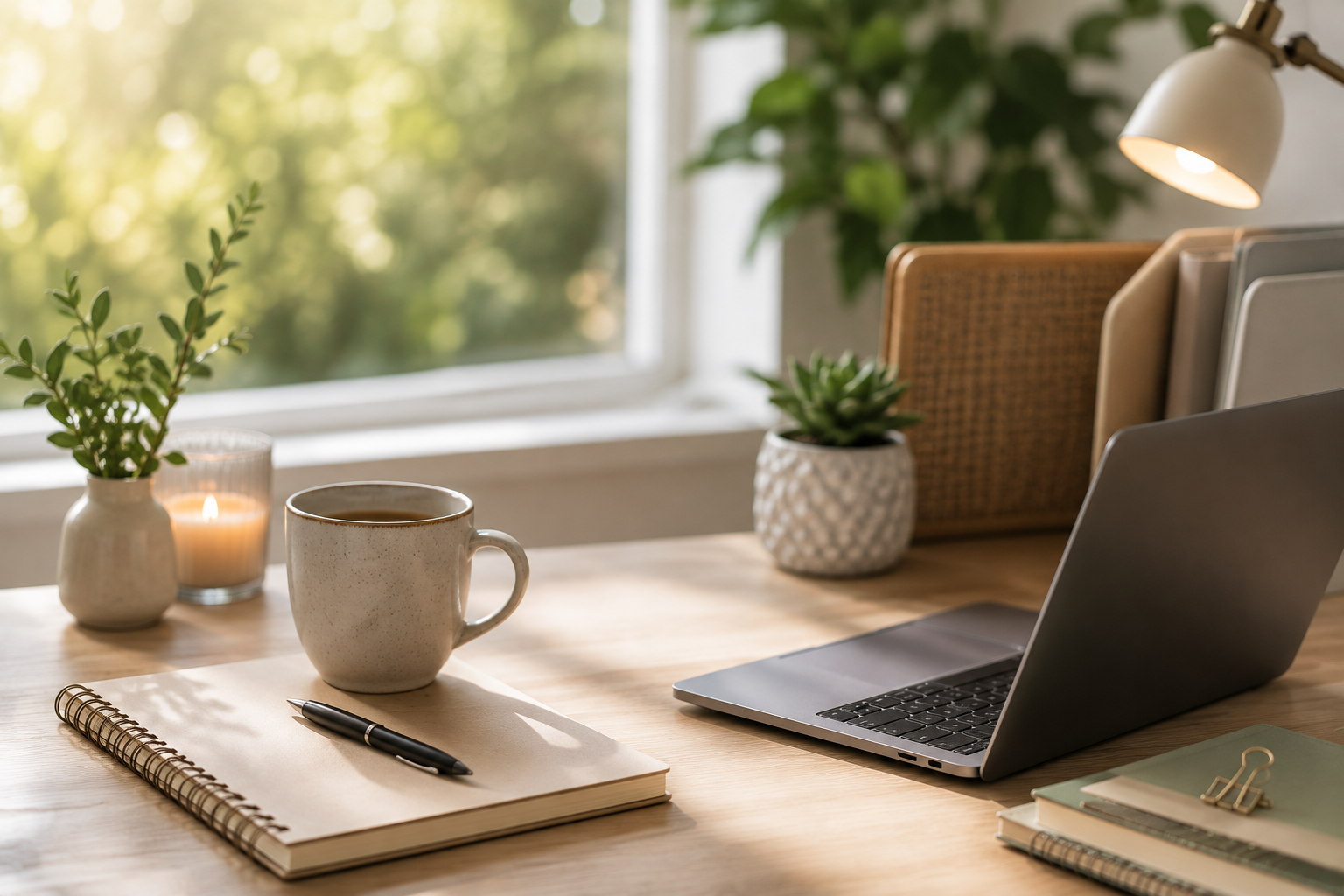 A work desk near a window with a laptop, a notebook, a pen, a coffee mug, a small plant, a candle, and a folder with documents.
