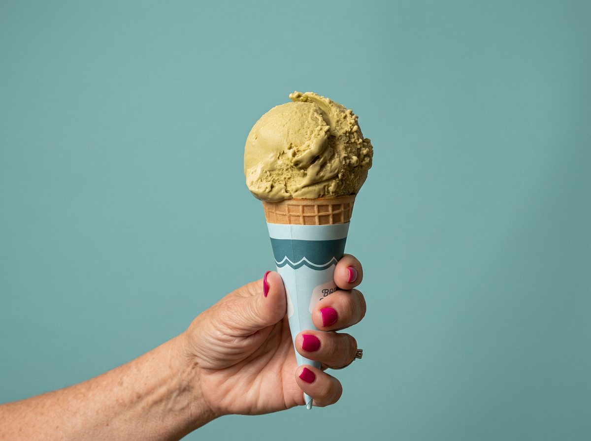 Hand holding a single scoop of green ice cream in a waffle cone against a plain background.