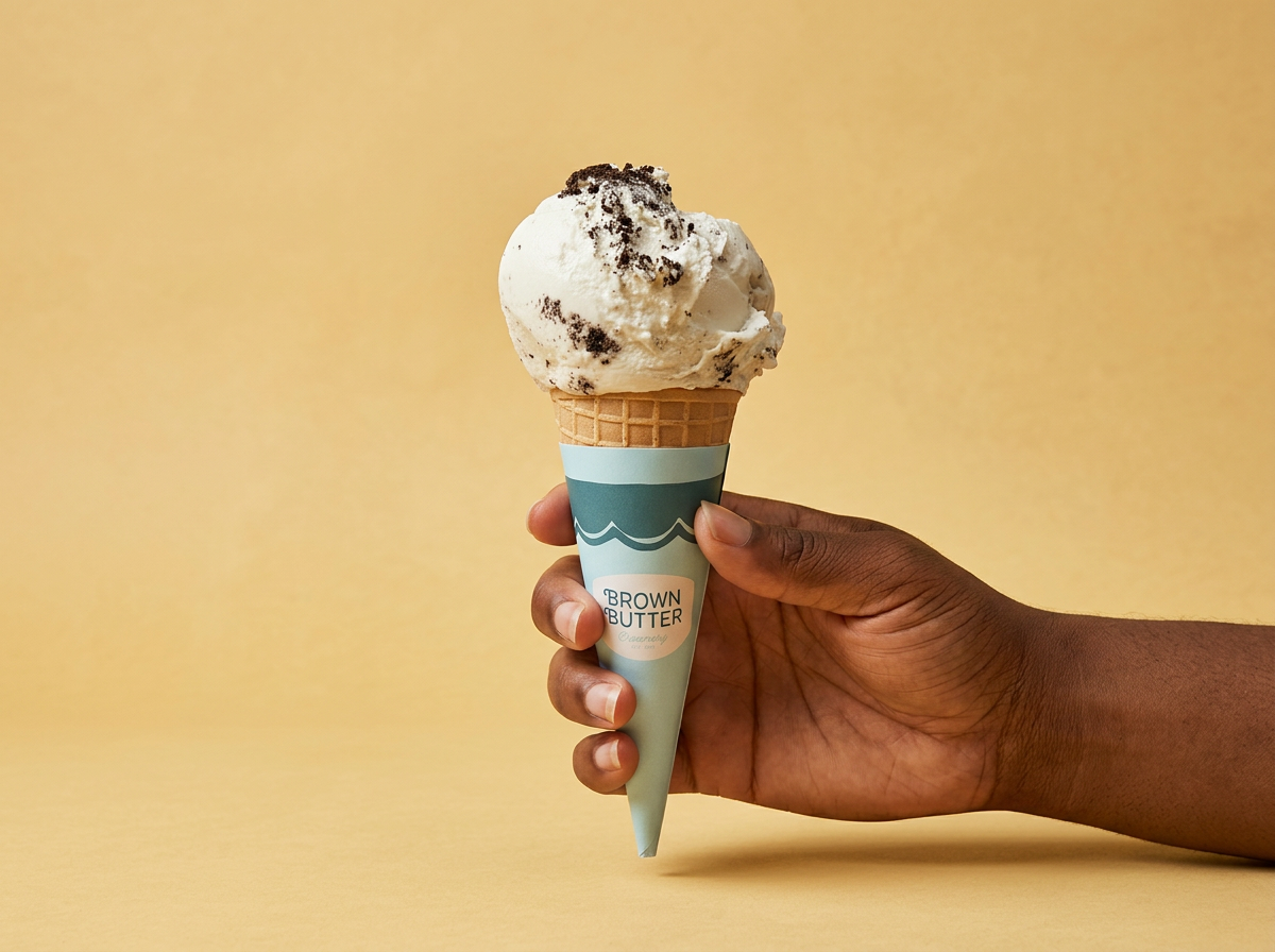 Hand holding a vanilla ice cream cone with chocolate cookie crumbs on top against a yellow background.